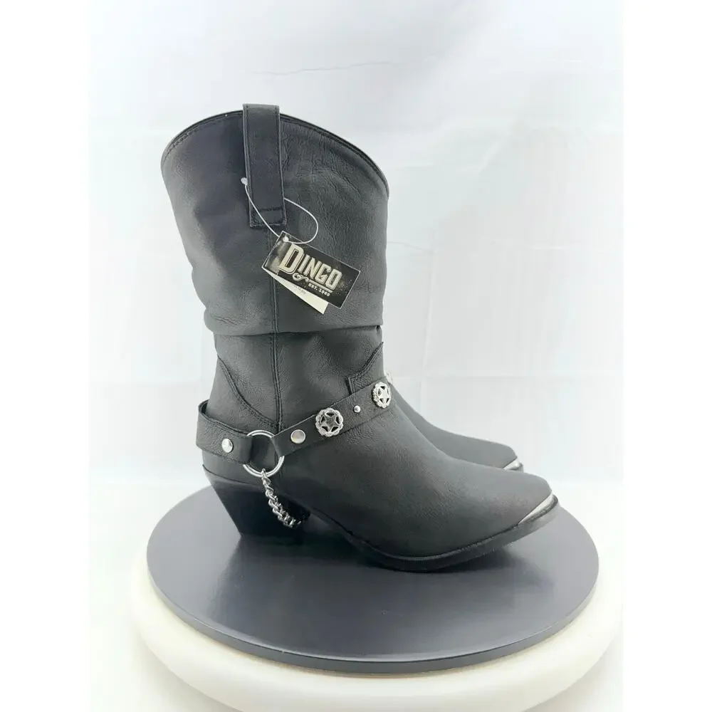Dingo Olivia Womens Sz 8M Pigskin Leather Black Slouch Boots Concho Strap‎ DI522